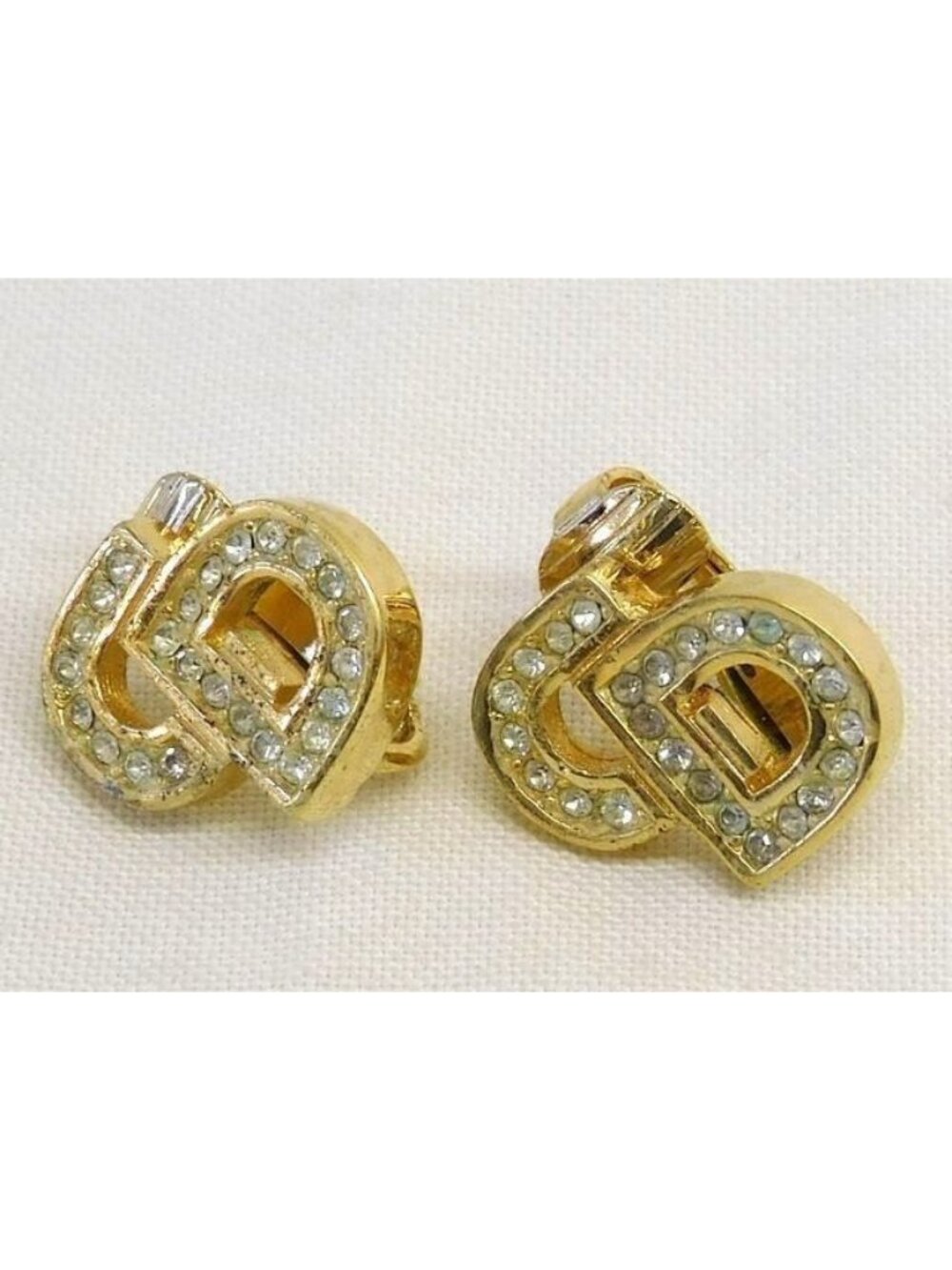 Dior Vintage Earrings CD Logo Gold Colored Stone Antique